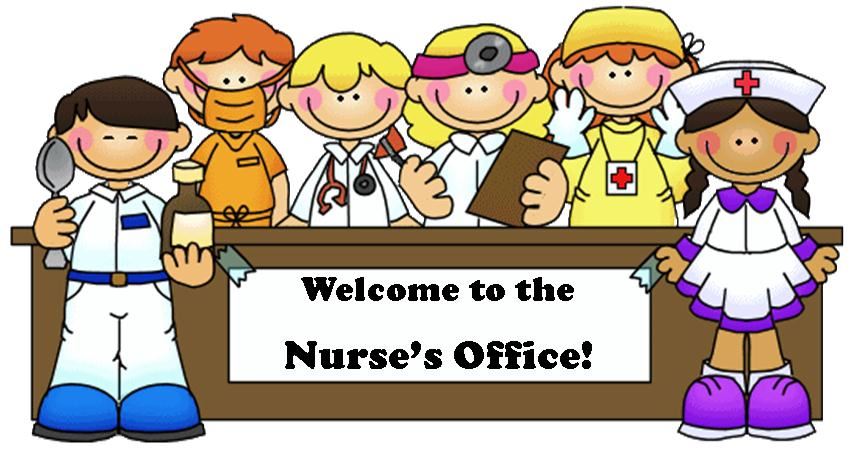 Welcome to Nurses Office Sign on desk with nurses and students surrounding desk Welcome to Nurses Office Sign on desk with nurses and students surrounding desk